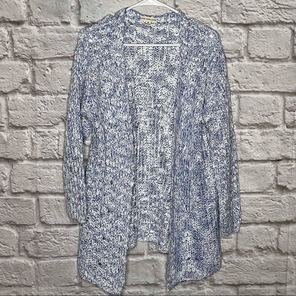 Poof Excellence Sweater Cardigan Blue‎ White Women's size medium